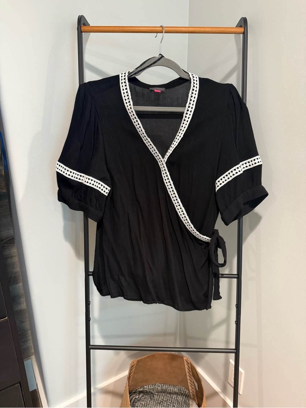 Vince Camuto Black Wrap Blouse with White Trim